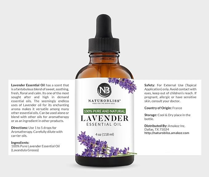 NaturoBliss 100% Pure & Natural Lavender Essential Oil Therapeutic Grade Premium Quality Lavender Oil with Glass Dropper - Huge 4 fl. Oz - Perfect for Aromatherapy and Relaxation