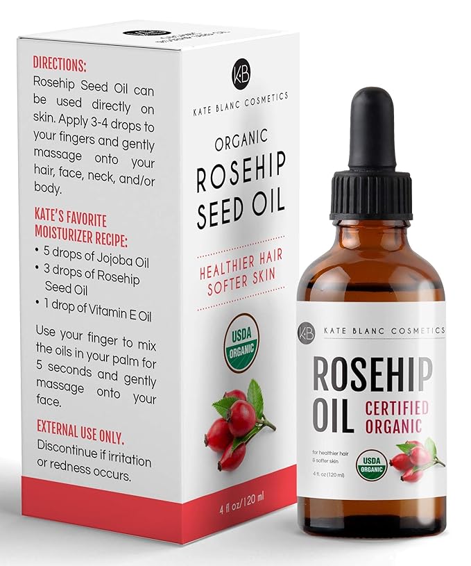 Kate Blanc Cosmetics Rosehip Oil for Face & Skin (4oz, Organic, Pure, Cold Pressed) Rosehip Seed Face Oil for Facial & Gua Sha Massage