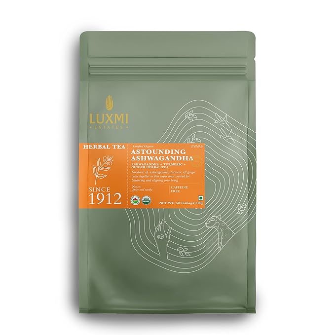Luxmi Estates - Astounding Ashwagandha Tea - 50 Tea Bags | With Ashwagandha, Turmeric, Ginger, Lemongrass & More | Perfect Stress Relief Tea - Calming and Relaxing