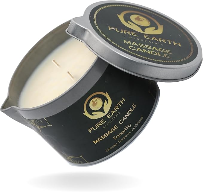 Tranquility Massage Candle - Valentines Gift, Skin Moisturizing Massage Oil Candles for Couples Date Night (160 Grams or 6 oz.) with Lavender, Geranium, Sandalwood - by PURE EARTH essentials