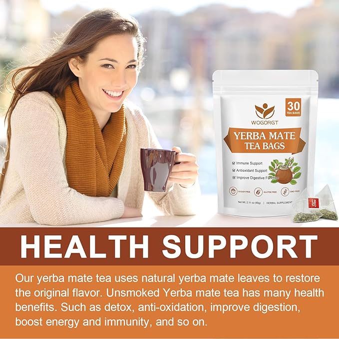 Yerba Mate Tea - Unsmoked Yerba Mate Herbal Tea Bags for Antioxidant, Detox, Digestion and Immune Support, Boost Energy - 30 Tea Bags