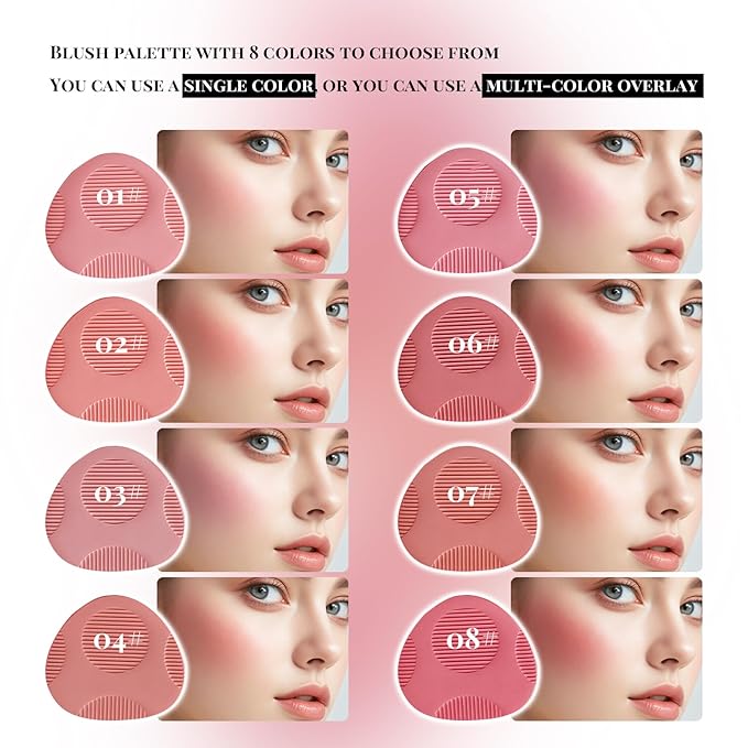 8 Colors Blush Palette, Smooth Blendable Powder Blush, Buildable Facial Cheek Blusher, Matte Blush Palette Makeup For Women, Waterproof Long-lasting Makeup Palette with Brush