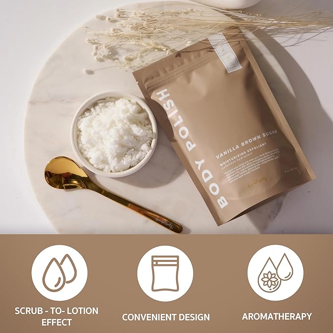 Body Polish, 8oz. - Vanilla Brown Sugar Scented Body Scrub Exfoliator for Women, Exfoliating Sugar Scrub To Lotion Moisturizer, Gentle Exfoliant for Dry and Sensitive Skin, Handmade in USA