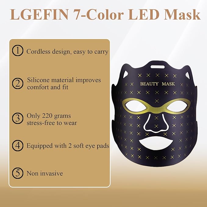 Red Light Therapy For Face,Led Face Mask Light Therapy, 7 Color Red Light Therapy Mask, Rechargeable,Portable,Household Led Face Mask (Black)