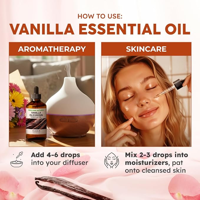Kukka Vanilla Essential Oil for Diffuser & Skin - 4 Fl Oz - 100% Natural Vanilla Oleoresin Essential Oil - Long Lasting Perfume - Mother's Day Gift Soap Making Scent & DIY