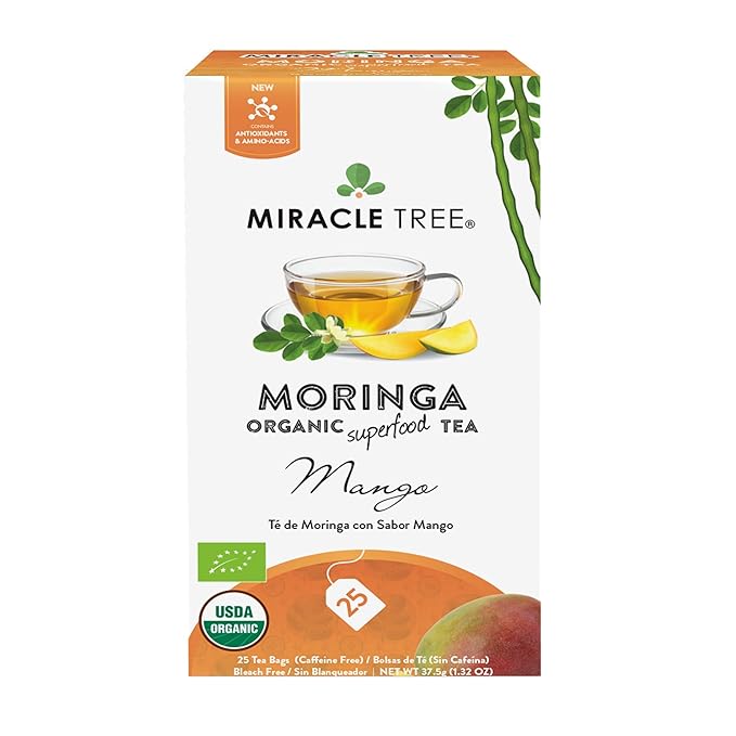 Miracle Tree - Organic Moringa Superfood Tea, 25 Individually Sealed Tea Bags, Mango (Keto, Detox, Energy & Immunity Booster, Vegan, Gluten-Free, Organic, Non-GMO, Caffeine-Free)