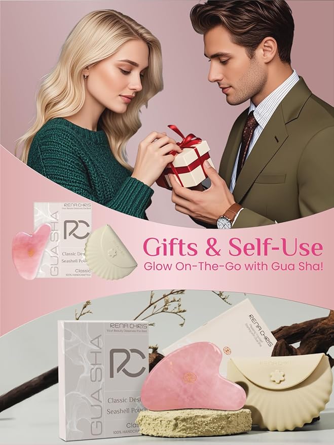 Rena Chris Gua Sha Facial Tools-Ergonomic Rose Quartz Gua Sha for Face Massage, Jawline Sculpting & Puffiness Reduction with Silicone Case (Pink)