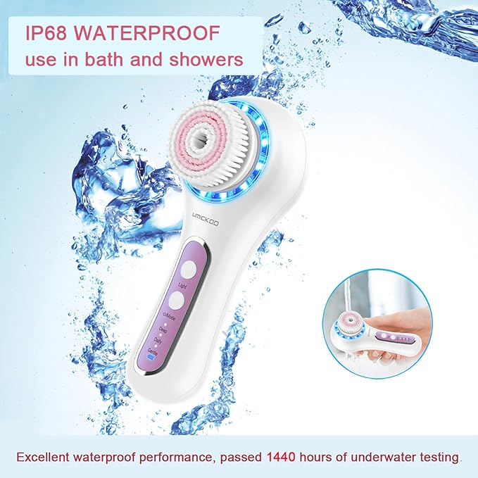 Face Scrubber Exfoliator,Facial Cleansing Brush Rechargeable IPX7 Waterproof with 5 Brush Heads,Electric Face Spin Brush for Exfoliating, Massaging and Deep Cleansing (White+Purple)
