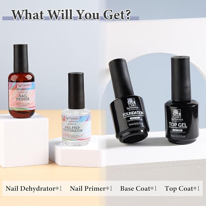 4Pcs 15ml No Wipe Top and Base Coat Set with Nail Dehydrator and Primer X-Strength for Gel Polish Long Lasting Nail Bonding Strengthening Kit for Women