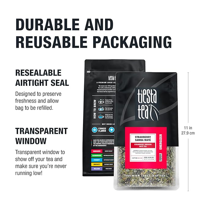 Tiesta Tea - Strawberry Samba Mate | Loose Leaf | Strawberry Hibiscus Mate Tea | High Caffeinated Fruit Blend | Make Hot or Iced Up to 200 Cups | 16oz Resealable Bulk Bag