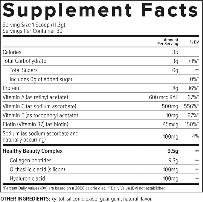 Collagen Skin - Hydrolyzed Collagen Peptides, with Hyaluronic Acid, Silicon & Biotin - Hair, Skin & Nails - Neutral - 11.9 oz (30 Servings)