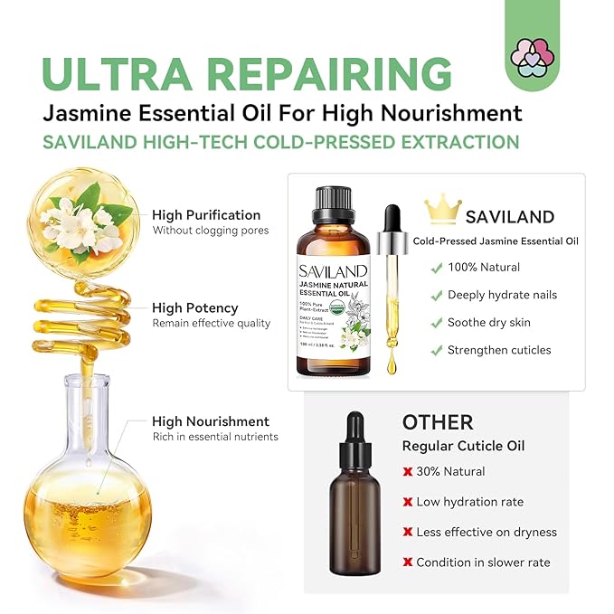 SAVILAND Jasmine Essential Oil for Cuticle Nails Hands: Ultra Repairing Cuticle Oil 100% Pure Plant-Based Nail Strengthener Hand Oils for Dry Hand Damaged Cuticle Weak Nail Care with Travel Bottle