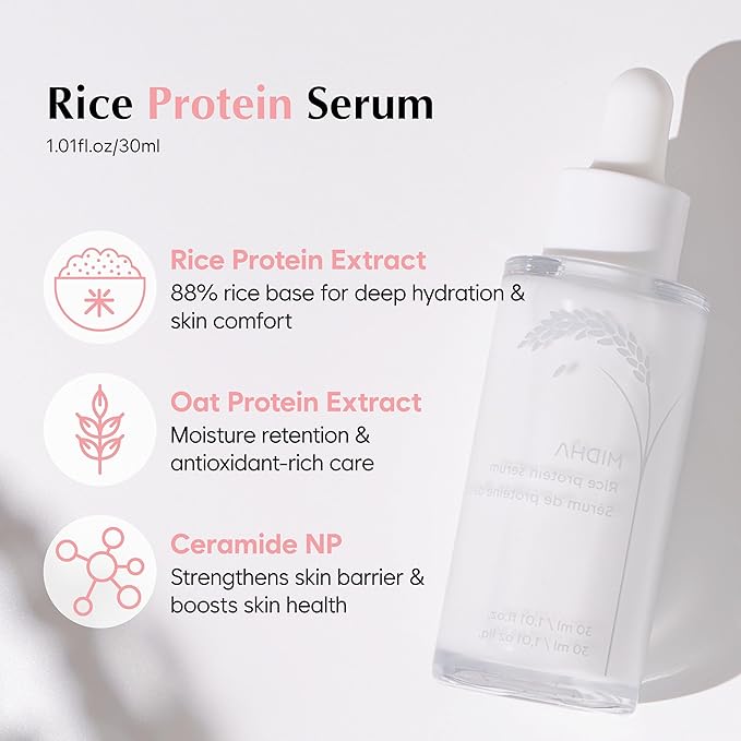 MIDHA Rice Protein Serum, 1.01fl.oz/30ml, Deep hydration, Moisture balance, Firm elasticity, Skin barrier support, Ceramide skincare, Non-greasy finish, Smooth and hydrated, vegan