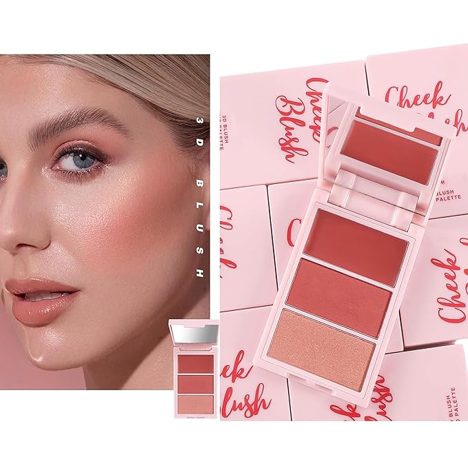 3D Blush Palette, Multi-Use Shimmery Matte Contour Palette Makeup Powder Face Contour Cheeks Lightweight Smooth Blendable Blush Highlighter Powder Beauty, Natural Shimmery Or Matte Finish(02#)