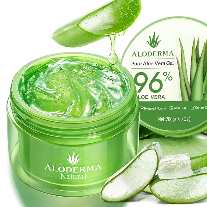 Aloderma Organic Aloe Vera Gel for Face & Body, 96% Pure Aloe Gel Made within 12 Hours of Harvest, Ideal for Skin, Scalp, & Hair Hydration, Calming Moisturizer for Soothing After Sun Care, 7.05oz
