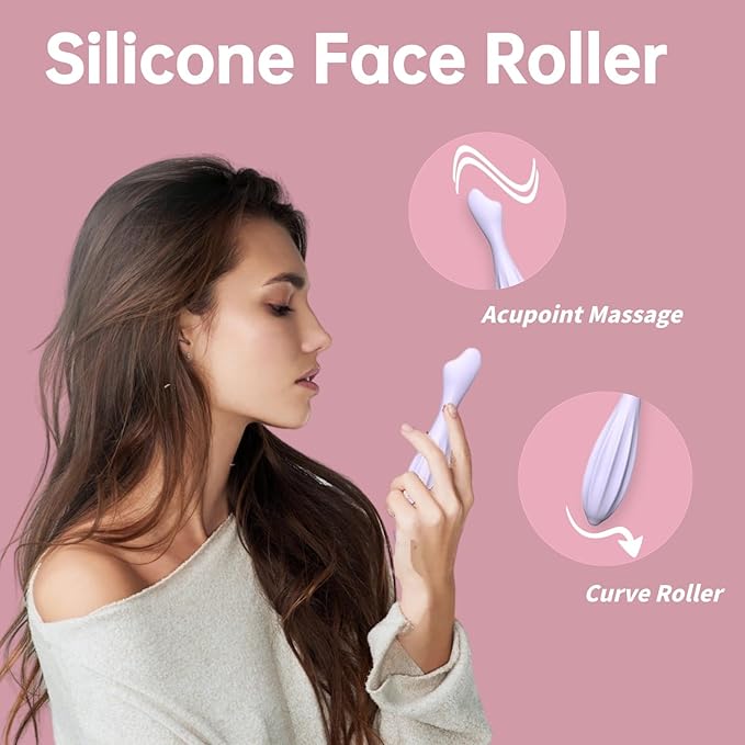Silicone Facial Massage Roller, Face Massager Skin Lifting Tool Shapes Face Curves, Skin Care Beauty Lifting Contouring Massage Tool Reduces Tiredness Promote Circulation for Women (Pink)