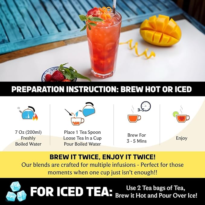 BREWIX, Mango Marvel Herbal Loose Tea (50+ Cups) | Made with Hibiscus, Mango, Pineapple, Orange Peel, Strawberry | Non-Caffeinated | Make Hot or Iced | Resealable Pouch