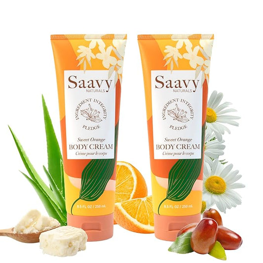 Saavy Naturals Sweet Orange Body Cream for Women, Absorbent Shea Butter Vegan Formula for Women, Thick and Creamy, Naturally Scented Body Lotion for Dry Skin, 8.5 Oz, 2 Pack