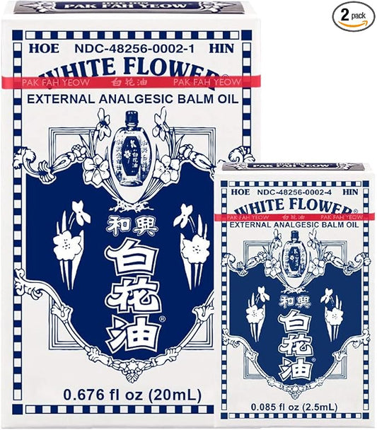 White Flower External Analgesic Balm Oil Combo 20ml/0.676flOz + 2.5ml/0.085flOz, Muscle Joints Topical Arthritis Pain relief, Eucalyptus Levander Peppermint Massage Oil Authentic US import(2 Pack)