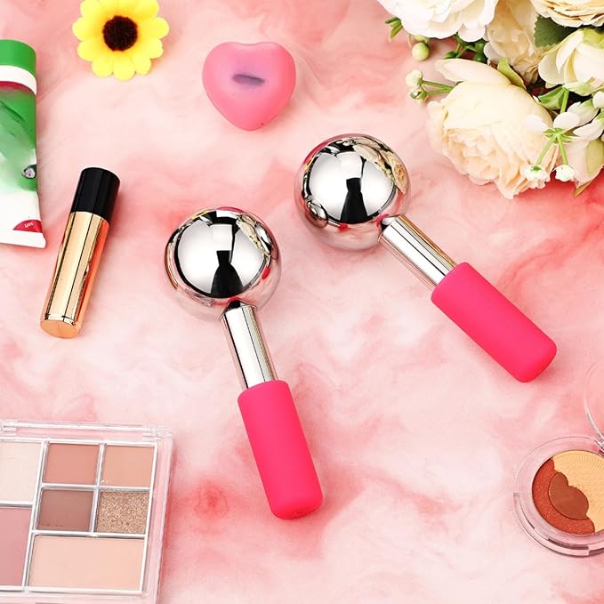 Baderke 2 Pcs Ice Globes for Face Stainless Steel Cooling Globes Unbreakable Cooling Roller Women Ice Balls Cryo Sticks Face Skin Care for Dark Circles, Puffiness(Silver (pink Handle))