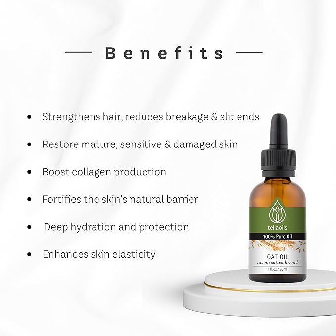 Teliaoils Oat Oil – Avena Sativa Kernel Oil – 100% Pure, Non-GMO, Vegan, Cold-Pressed, Soothing and Hydrating for Natural Skin and Hair Care 1 fl oz