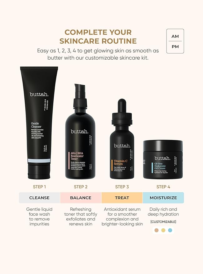 Buttah Skin Supreme Kit for Melanin Rich Skin | Oil-Free Hyaluronic Gel Cream 2 oz | Vitamin C Serum 1 oz | Cleanser 3.4 oz | Rosewater Toner 3.4 oz | Black Owned Skincare