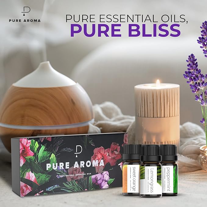 Essential Oils Set by Pure Aroma - Top 6 Aromatherapy Oils Gift Set-6 Pack, 10ml (Eucalyptus, Lavender, Lemongrass, Sweet Orange, Peppermint, Tea Tree)