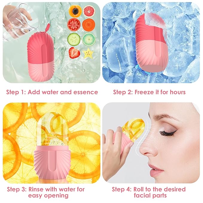 Ice Face Roller, Silicone Facial Ice Roller, Reusable Skin Care Massager Tools for Relieve Puffiness, Tighten Skin, Shrink Pores Shell Pink