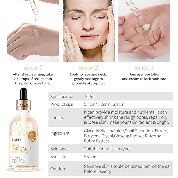 Snail Serum for Face,Hyaluronic Acid Serum with Vitamin B3 Oil Niacinamide Serum Facial 24k Gold Snail Collagen Reduces Fine Lines Brightening Nourishing Hydrating Face Serum Skincare Product