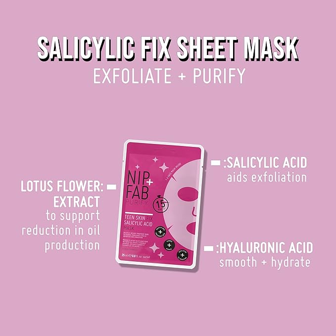 Nip + Fab Salicylic Acid Fix Sheet Mask for Face, Hyaluronic Acid, Lotus Flower BHA Facial Mask, Multi, 0.8 Fl Oz
