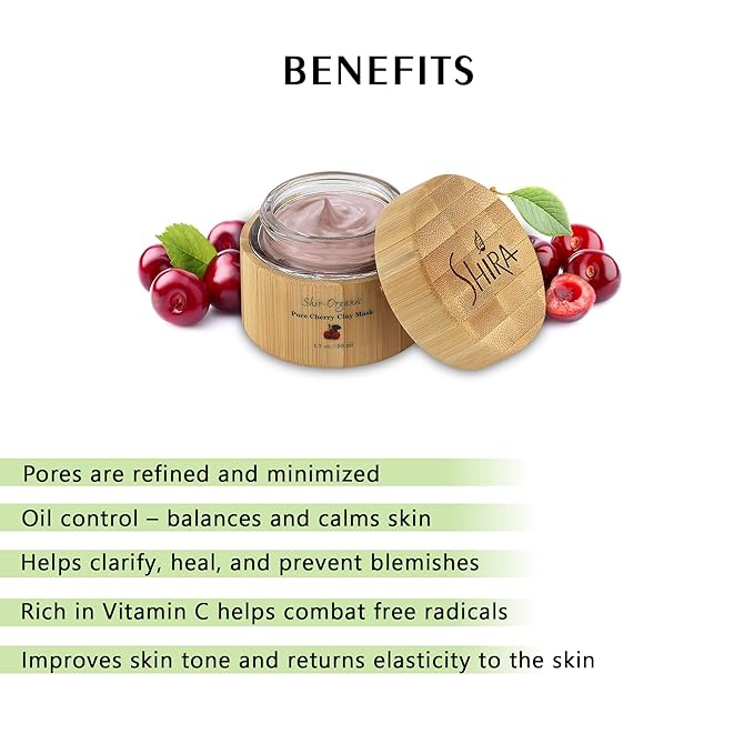 Shir-Organic Pure Cherry Clay Face Mask(50ml) Rich In Vitamin C Helps Clarify Heal and Prevent Blemishes Oil Control & Large Pore