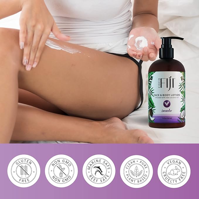 Coco Fiji Face & Body Lotion Infused With Coconut Oil | Lotion for Dry Skin | Moisturizer Face Cream & Massage Lotion for Women & Men | Lavender 12 oz, Pack of 1