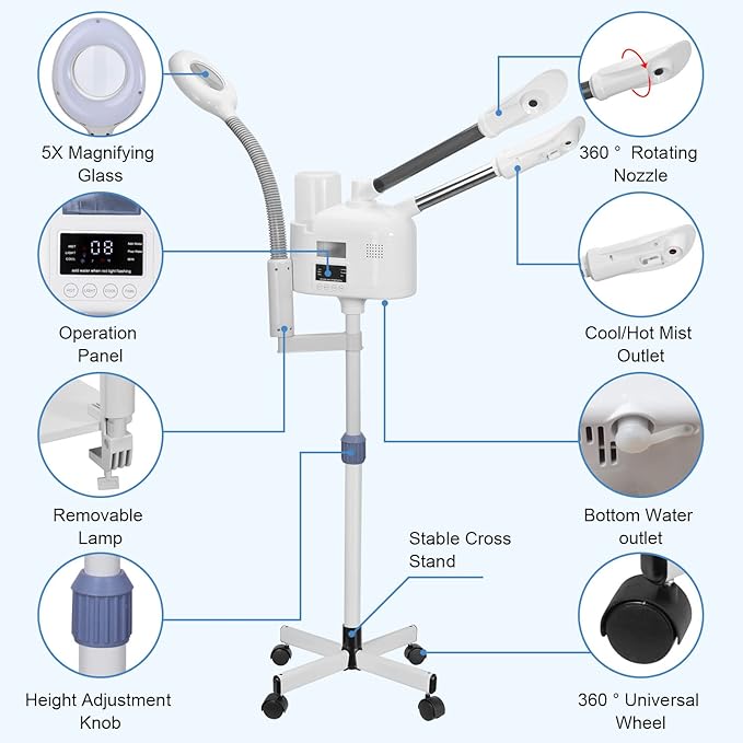 Facial Steamers Professional 3 in 1 Facial Steamer with 5X Magnifying Lamp, Upgrade PTC Heating, Hot/Cool Mist Steamer for Home Salon Spa Beauty