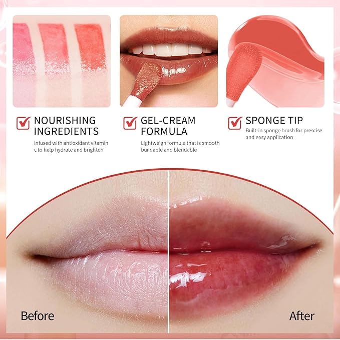 Plumping Lip Oil, Hydrating Gloss Tinted Lip Balm Transparent Lip Care, Big Brush Head Glitter Shine, Long Lasting Nourishing Non-sticky Fresh Texture(2PCS ROSEWOOD)