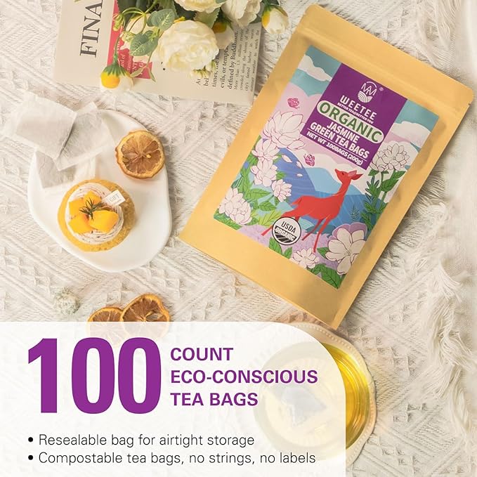 WT WEETEE Organic Jasmine Green Tea Bags, Organic Jasmine Scented Green Tea 100 Count, Refreshing & Relaxing, Coffee Alternative, No Artificial Flavors