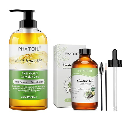 Basil Body Oil 8.8fl.oz and 4fl.oz Organic Cold Pressed Castor Oil