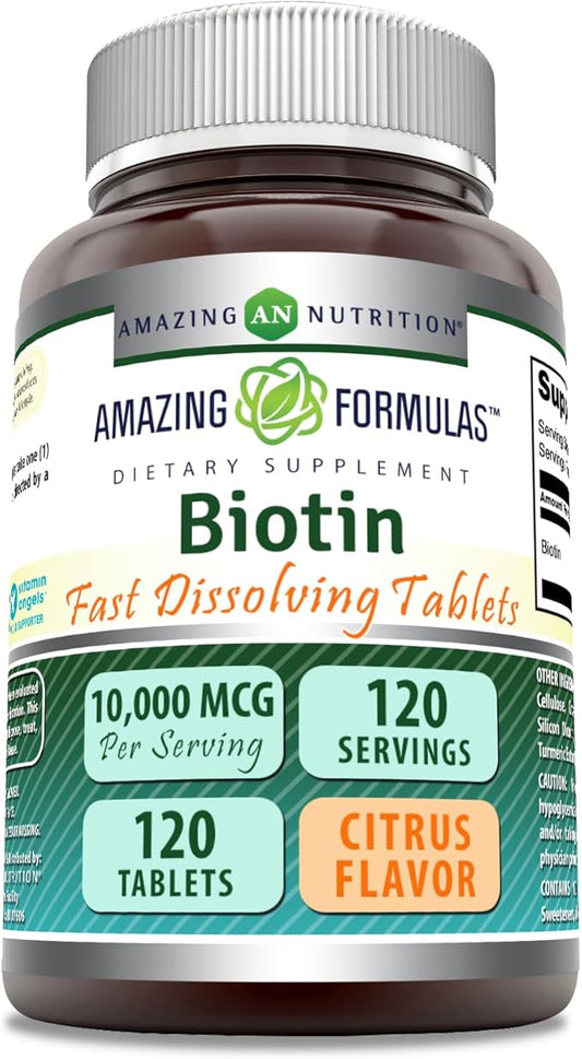 Amazing Formulas Biotin 10,000 mcg | Fast Dissolve Tablets | Non-GMO | Gluten Free Supplement | Made in USA (Citrus | 120 Tablets)