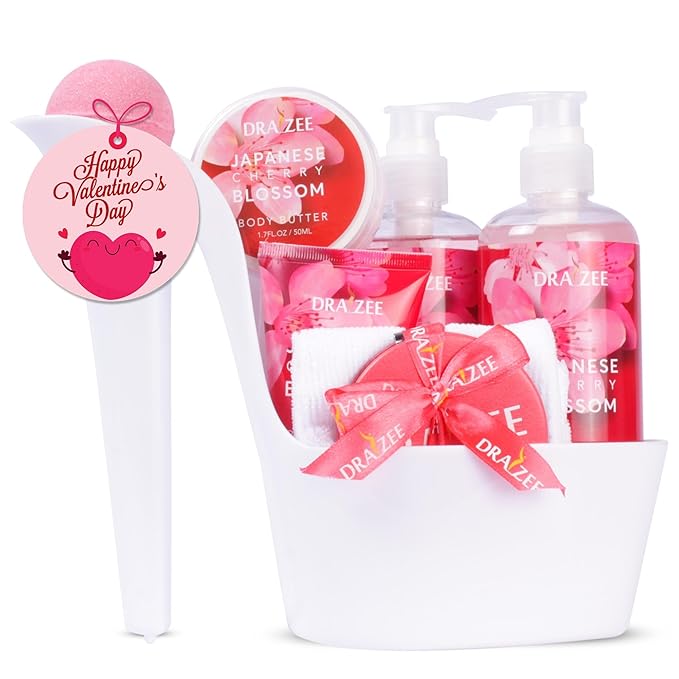 Draizee Mothers Day Gifts for Mom - Spa Gift Baskets for Women - 8 Pcs Luxury Cherry Blossom Scented Heel Shoe Design Bath and Body Spa Set-Self Care Package for Women, Presents for Mom, Body Care Set