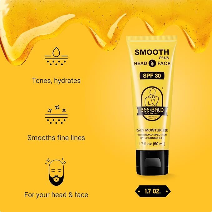 Bee Bald SMOOTH PLUS Head & Face Moisturizer with SPF 30 Sunscreen Lotion Protecting Skin From Harmful UVA/UVB Rays While Hydrating, Moisturizing and Toning, 1.7 Fl Oz (Pack of 2)