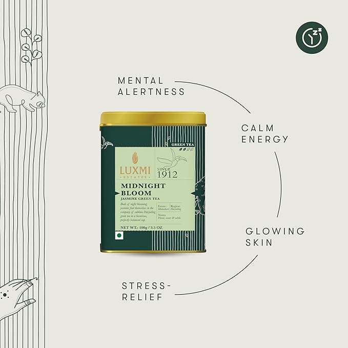 Luxmi Estates - Midnight Bloom - Organic Jasmine Tea - Loose Leaf - 100g (50 Cups) | With Organic Jasmine Buds and Darjeeling Green Tea | Natural Aid to Relieve Stress, Anxiety and Sleep Problems