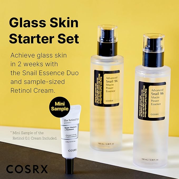 COSRX Glass Skin Starter Set + Hydrogel Mask 3EA- Snail 96% Essence Duo and Glass Glow Hydrogel Collagen Face Mask, Travel Essentials, Stocking Stuffers, Korean Skin Care