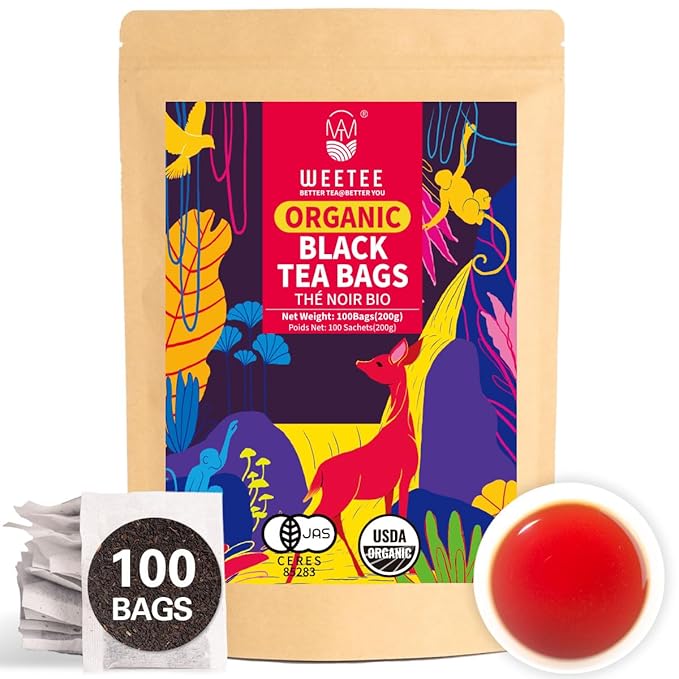WT WEETEE Organic Black Tea Bags, Organic Black Tea 100 Count, Antioxidant, Caffeinated | Resealable Kraft Bag | Brew Hot or Iced