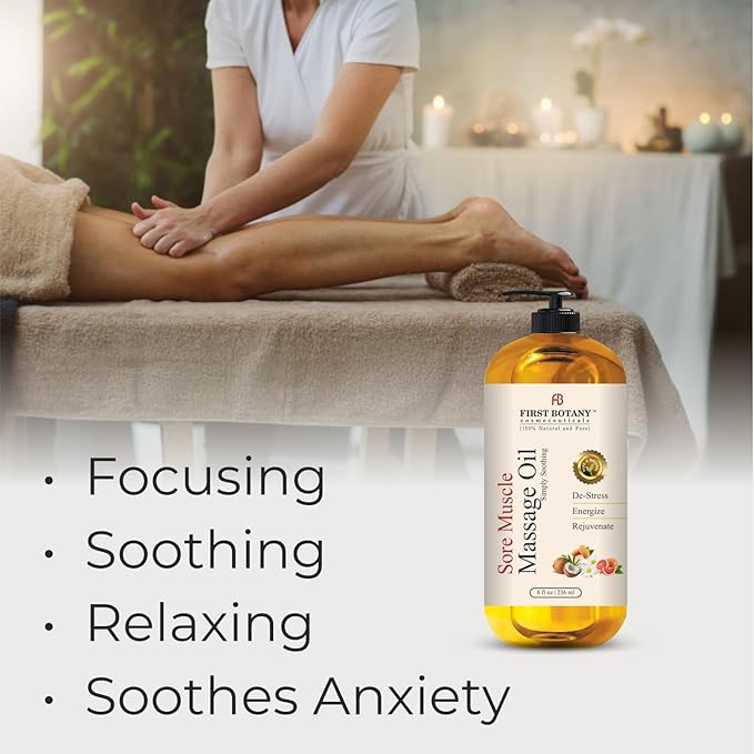 First Botany, Arnica Sore Muscle Massage Oil for Massage Therapy Natural Therapy Oil with Lavender, Mint, Chamomile Essential Oils, Collagen & Stem Cells, Therapeutic Oils for Body Massage Lotion 8oz