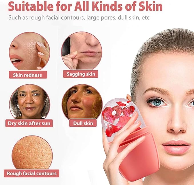 KOGITI Face Ice Roller & Mold - Beauty Facial Massage Tool for Puffiness Relief, Ice Cube Holder (Pink)