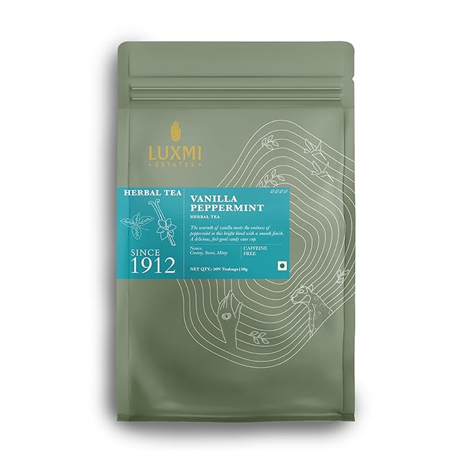 Luxmi Estates - Vanilla Peppermint Organic Tea, Natural Vanilla Extract and Pepperment - 50 Tea Bags, Perppermint Aids Digestion, Ideal After a Meal