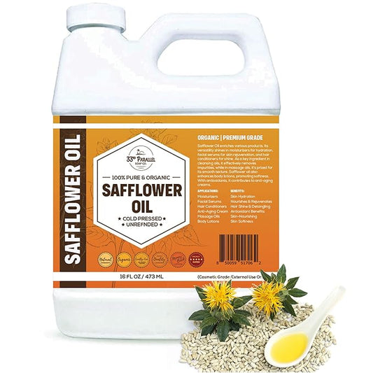 Organic Safflower Oil (16 oz) Premium Cold Pressed Unrefined | 100% Pure Safflower Oil for Skin, Face, Hair, Soap Making | Carrier for Essential Oils | Available in Bulk | 16 FL OZ