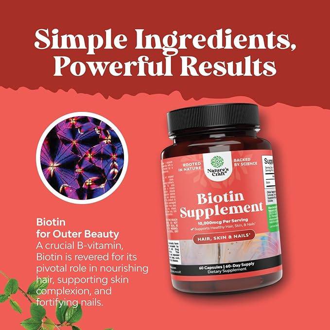 Natures Craft 10000 mcg Pure Biotin Pills for Women Men - Promotes Thicker and Fuller Hair. Natural Supplement for Shiny Thick Hair Growth - Vegetarian Vitamin Capsules - Get Clear Skin Strong Nails