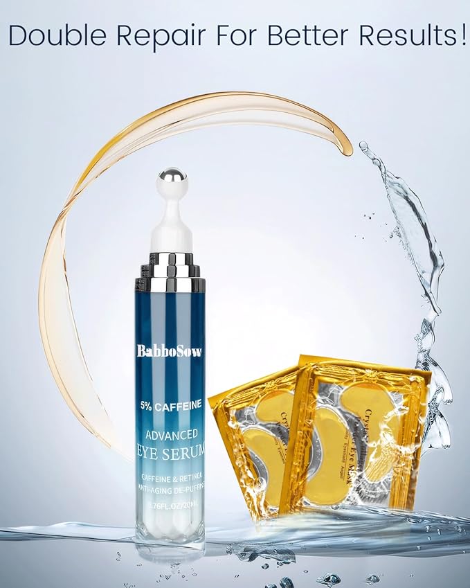 Caffeine Eye Cream and 24K Gold Eye Mask (20 pcs): Under Eye Serum for Dark Circles and Puffiness Eye Care Eye Serum Anti Aging with 360° Massage Ball Reduce Eye Bags, Wrinkles and Fine Lines
