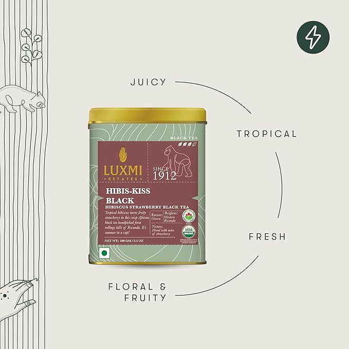Luxmi Estates - Hibis-Kiss - Organic Hibiscus Tea - Loose Leaf - 100g (50 Cups) | With Hibiscus, Strawberry, Organic Black Tea and Other Natural Extracts | Juicy, Triopical and Fresh