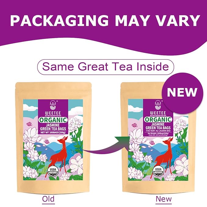 WT WEETEE Organic Jasmine Green Tea Bags, Organic Jasmine Scented Green Tea 100 Count, Refreshing & Relaxing, Coffee Alternative, No Artificial Flavors